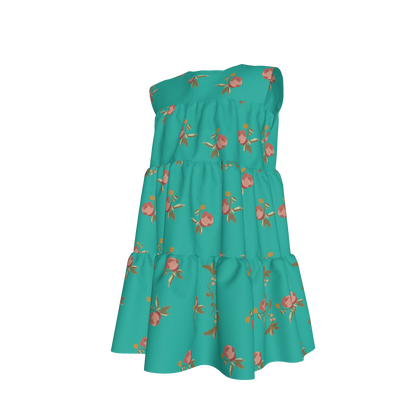 Kid's Ruffle Dress in Belle Bloom in Blue Dress in Lightweight Cotton Slub