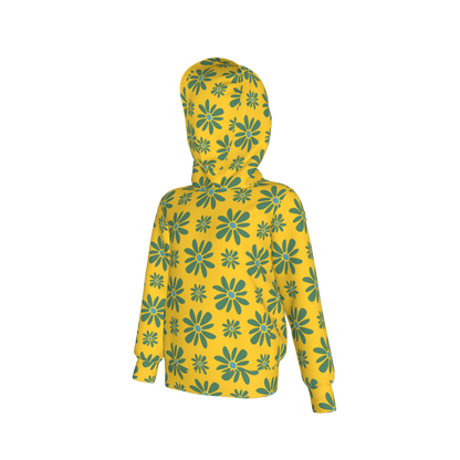 Kid's Pullover Hoodie in Flower Bloom in Yellow & Acqua in Fleece Back Stretch Organic Terry