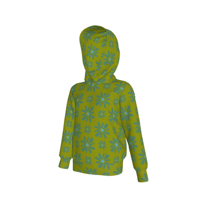 Kid's Pullover Hoodie in Flower Bloom in Green in Fleece Back Stretch Organic Terry