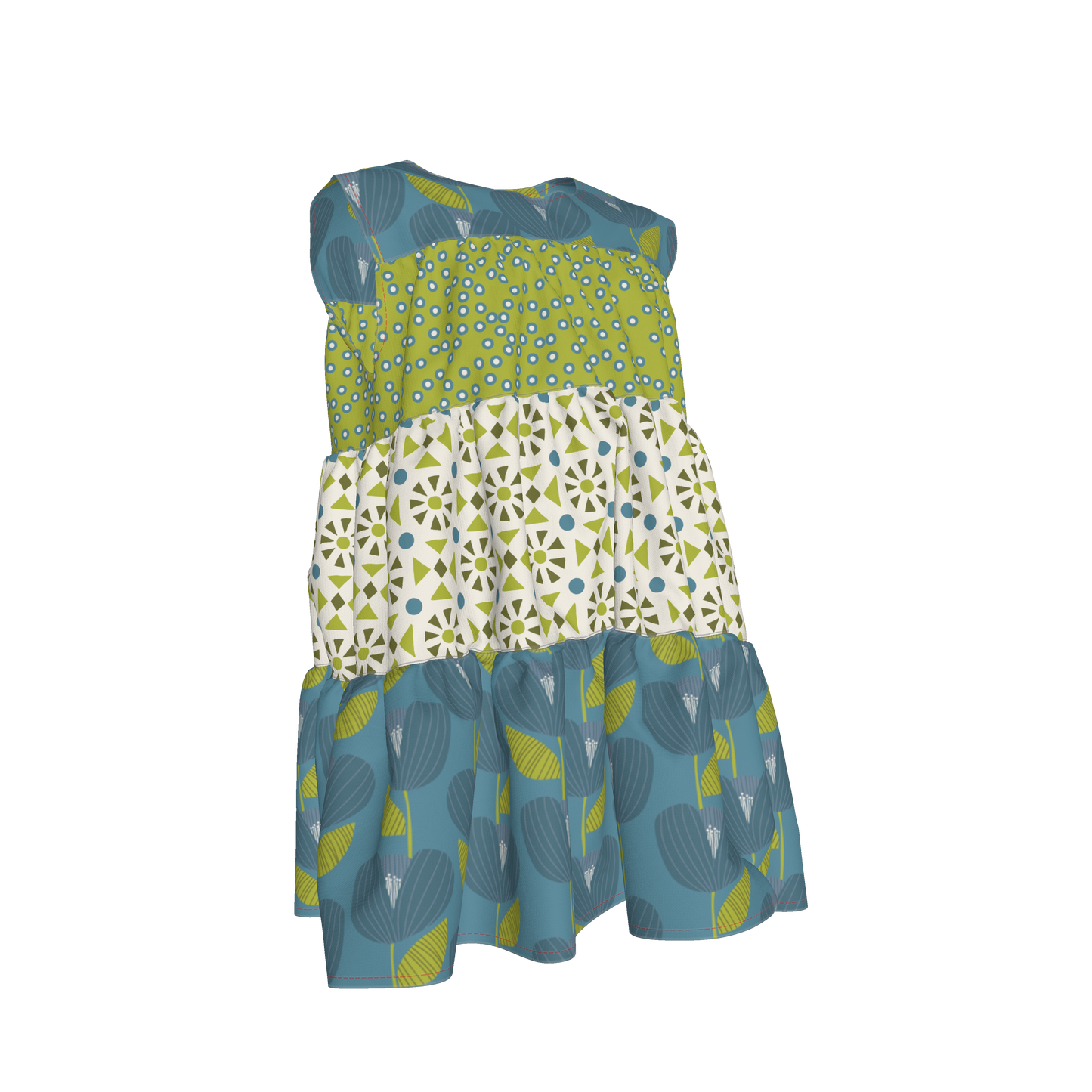 Teal, White & Green Ruffle Dress with Lining
