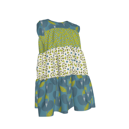 Teal, White & Green Ruffle Dress with Lining