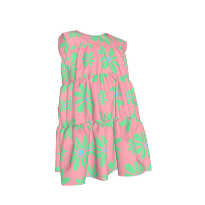 Kid's Ruffle Dress with Lining in Flower Bloom Pink & Light Green in Cotton Spandex Lightweight Jersey
