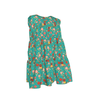 Kid's Ruffle Dress With Lining in Belle Flowers in Bright Blue in Light Cotton Slub