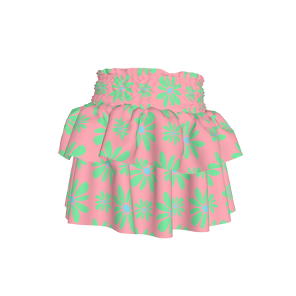 Kid's Smocked Skirt in Flower Bloom in Pink and Bright Green in Light Cotton Slub