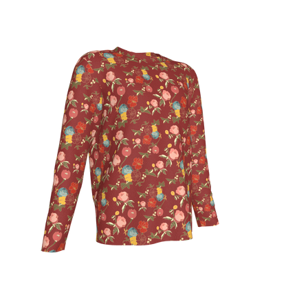 Kid's Long Sleeve T-Shirt in Belle Flowers Red in Cotton Spandex Lightweight Jersey