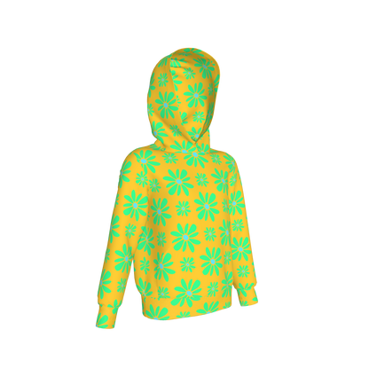 Kid's Pullover Hoodie in Flower Bloom in Yellow & Bright Green in Fleece Back Stretch Organic Terry