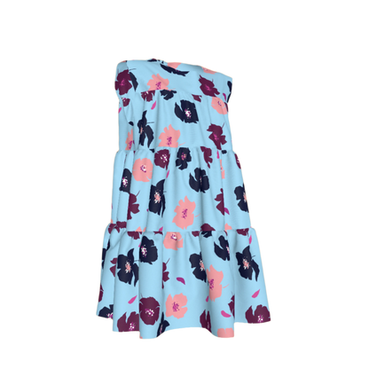 Kid's Ruffle Dress With Lining in Light Blue Poppies
