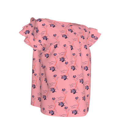 Kid's Ruffled Sleeve Top in Sprinkle Flowers Pink in Light Cotton Slub