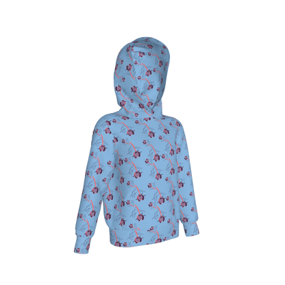 Kid's Pullover Hoodie in Sprinkle Flowers Light Blue in Fleece Back Stretch Organic Terry