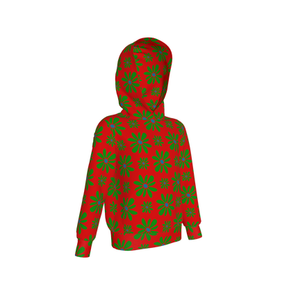 Kid's Pullover Hoodie in Flower Bloom Red & Bright Green in Fleece Back Stretch Organic Terry
