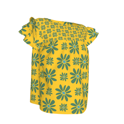 Kid's Ruffled Sleeve Top in Flower Bloom in Yellow & Acqua in Light Cotton Slub