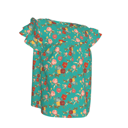 Kid's Ruffled Sleeve Top in Belle Flowers Bright Blue in Light Cotton Slub