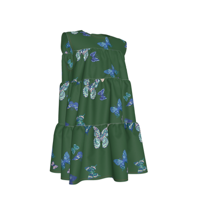 Kid's Ruffle Dress in Emerald Fluttering Butterflies