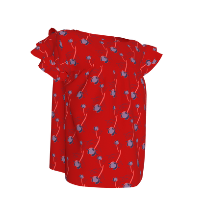 Kid's Ruffled Sleeve Top in Sprinkle Flowers Red in Light Cotton Slub