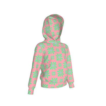 Kid's Pullover Hoodie in Flower Bloom in Pink & Light Green in Fleece Back Stretch Organic Terry