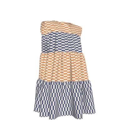 Blue & Yellow Gingham Mix Ruffle Dress with Lining