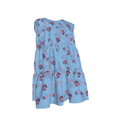 Kid's Ruffle Dress With Lining in Sprinkle Flowers Light Blue in Light Cotton Slub
