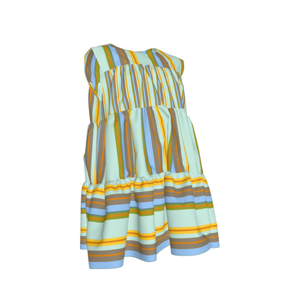 Kid's Ruffle Dress With Lining in Stripes Light Blue & Orangein Light Cotton Slub