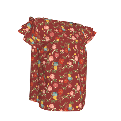 Kid's Ruffled Sleeve Top in Belle Flowers Red in Light Cotton Slub