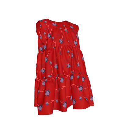 Kid's Ruffle Dress With Lining in Sprinkle Flowers Red in Light Cotton Slub