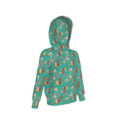 Kid's Pullover Hoodie in Belle Flowers Bright Blue in Fleece Back Stretch Organic Terry