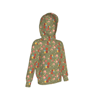 Kid's Pullover Hoodie in Belle Flowers Green in Fleece Back Stretch Organic Terry