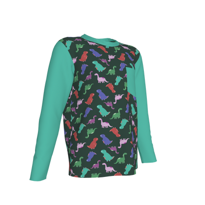 Teal Dino Party Long Sleeve Pocket T-Shirt