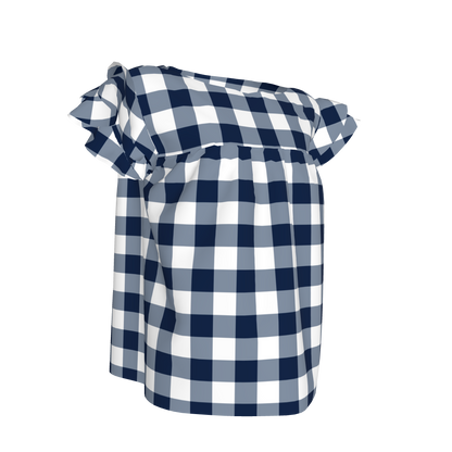 Ruffled Sleeve Top in Navy Gingham