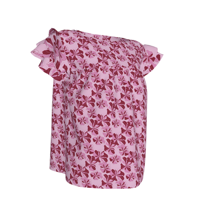 Kid's Ruffled Sleeve Top in Tropical Cayena Pink in Light Cotton Slub