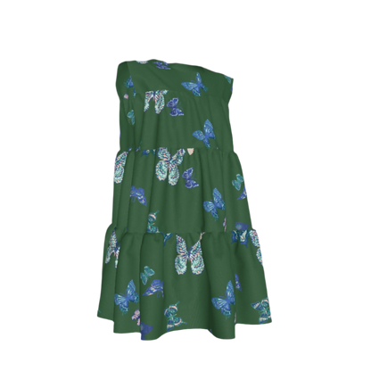 Kid's Ruffle Dress With Lining in Emerald Fluttering Butterflies